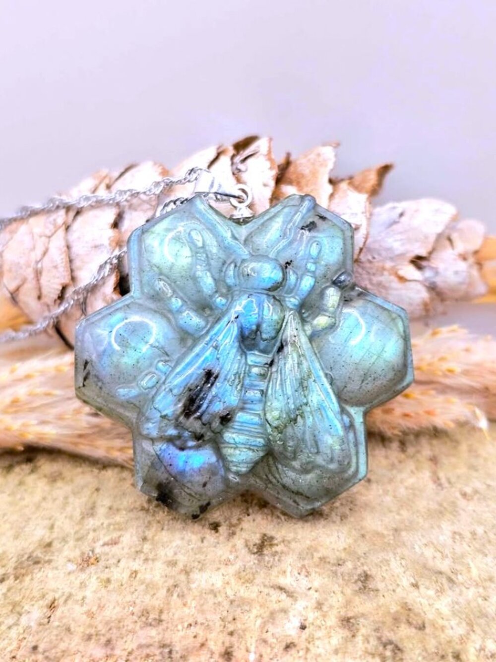 Natural Labradorite Bee Honeycomb Carved Pendant Necklace • Flashy Blue Crystal